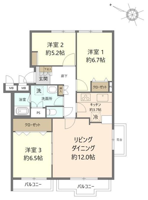 3LDK、専有面積72.21m2、バルコニー面積7.31m2